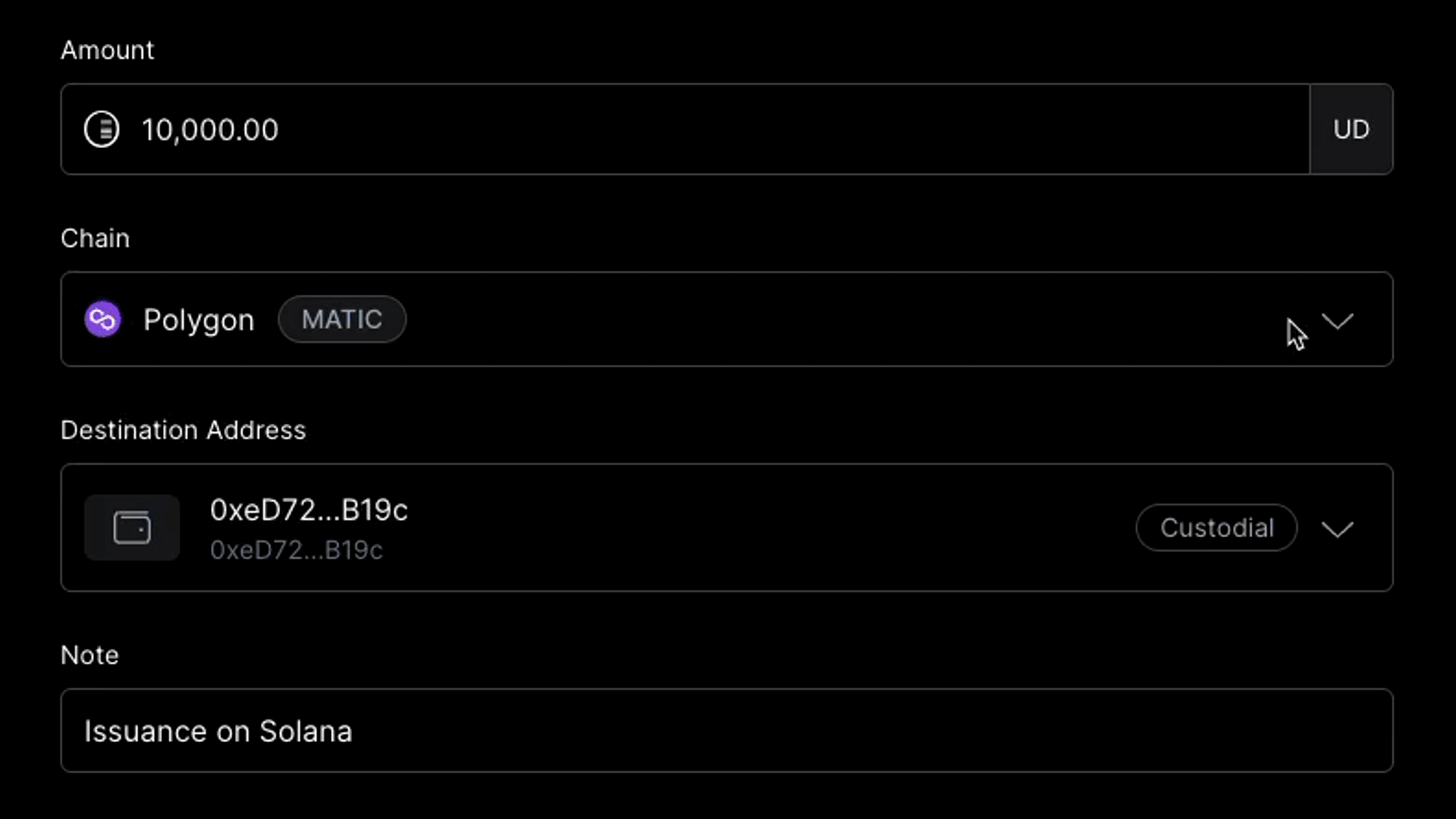 Brale UI recording of selecting the Solana blockchain while minting a bespoke stablecoin