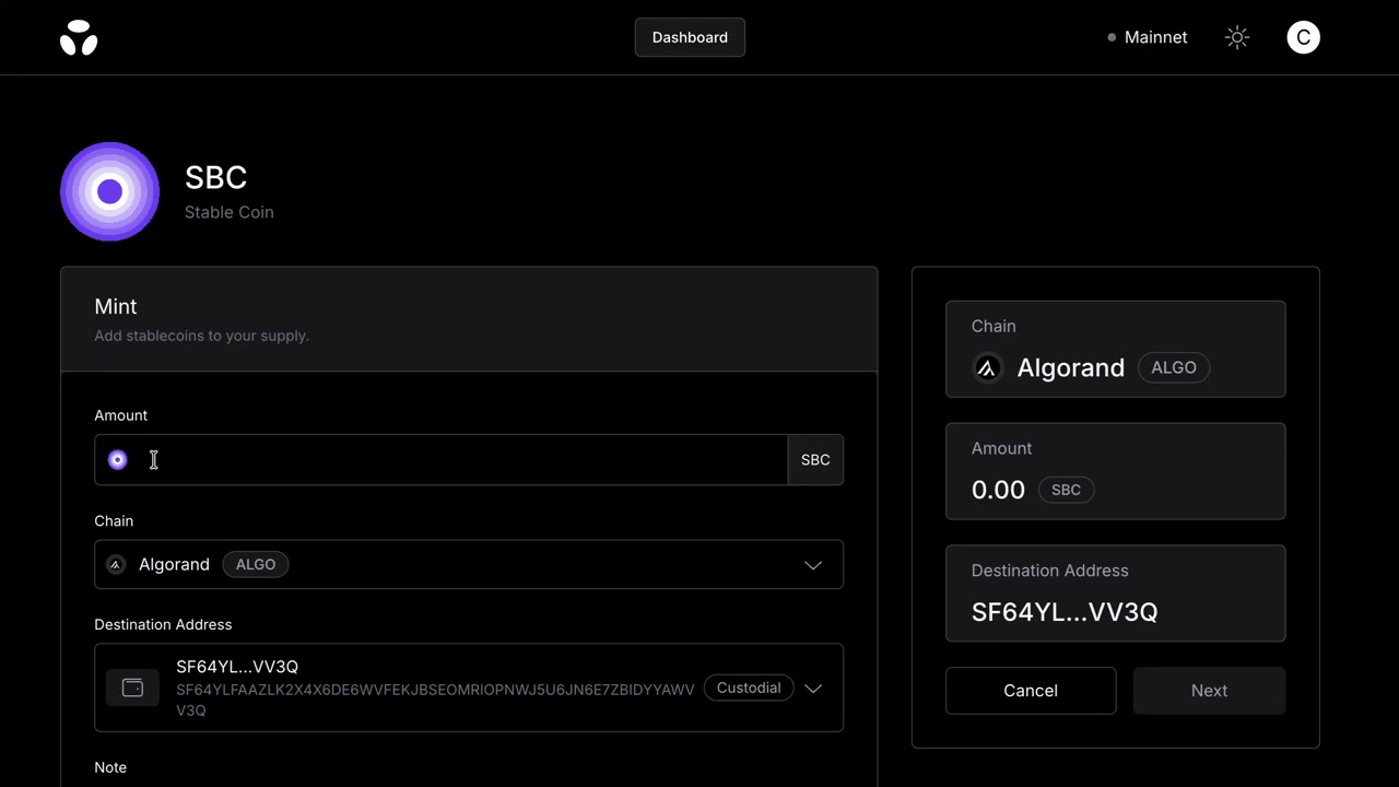 Brale UI recording of minting stablecoins on Algorand