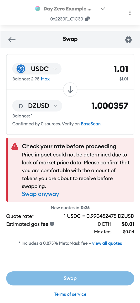 MetaMask UI of USDC to DZUSD swap