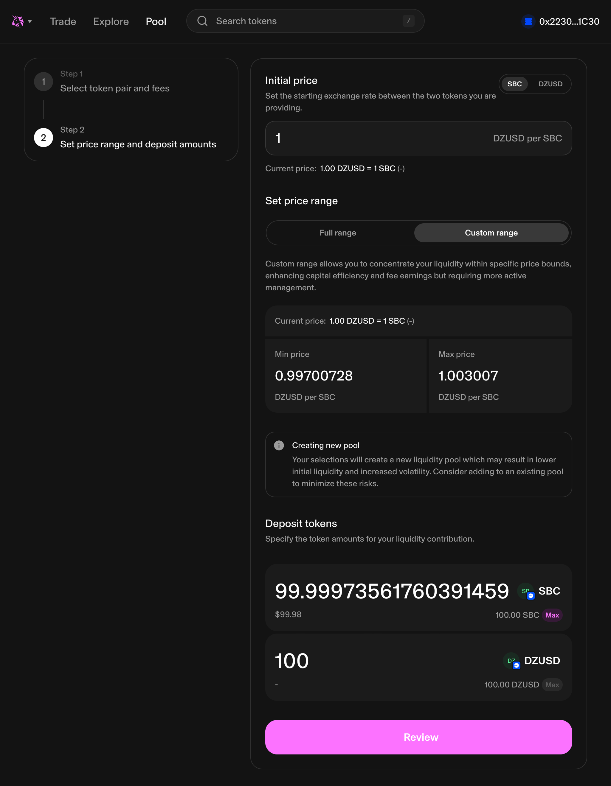 Uniswap liquidity pool UI of DZUSD and SBC on Base setting price range and deposit amounts
